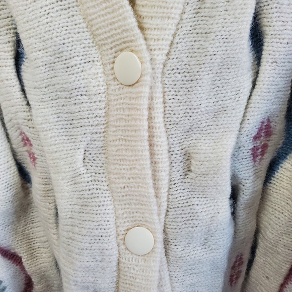 Tulchan 100% Pure New Wool Cardigan Sweater Cream Multicolor Geometric grandma - Picture 12 of 13